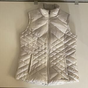 Eddie Bauer Down Puffer Vest Women Large‎ Tall Tan Plaid Quilted Zipper Pockets